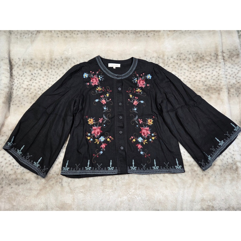 Black Floral Embroidered Linen Blend Boho Folk-Style Bell Sleeve Blouse  M
